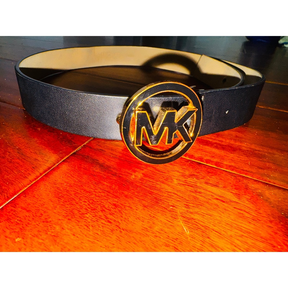 Michael Kors Belt Womens Small Black Good MK Logo Gold Buckle Leather 556361